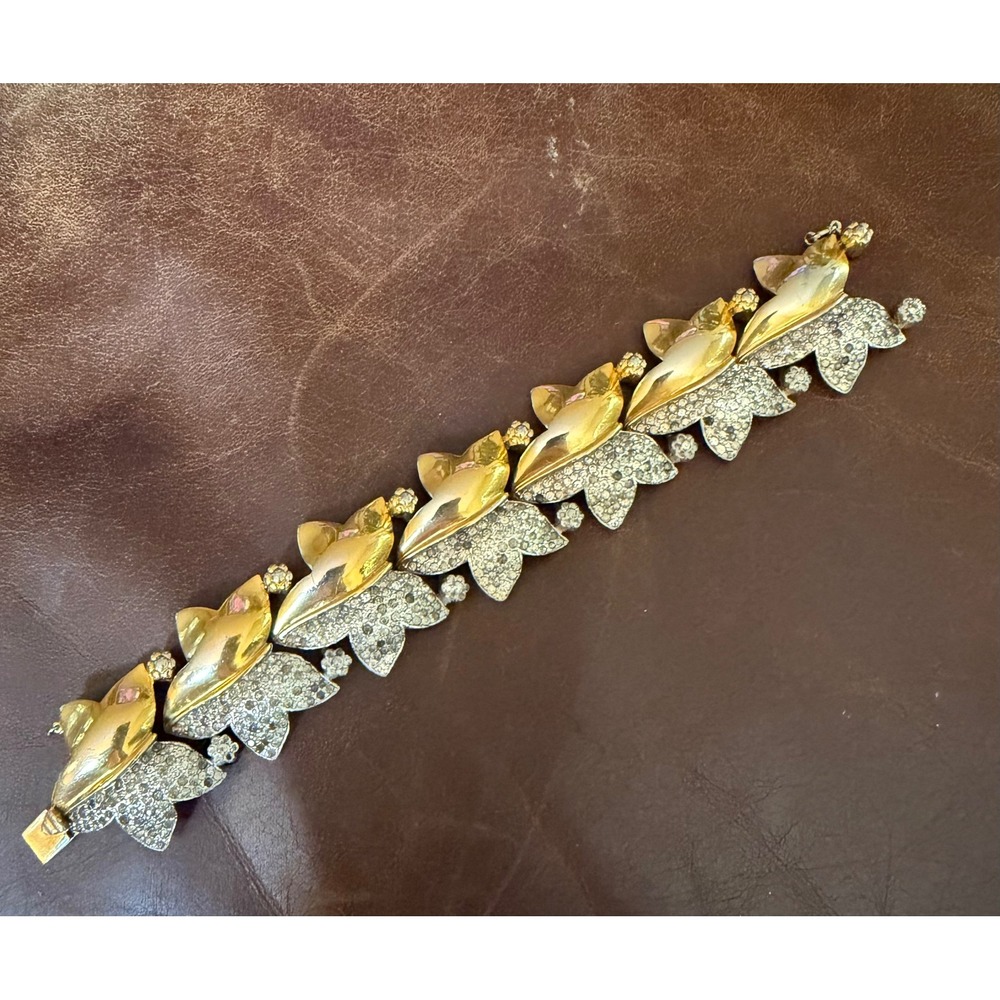 Vintage Trifari Pat Pend Leaf Bracelet Pave Rhinestones